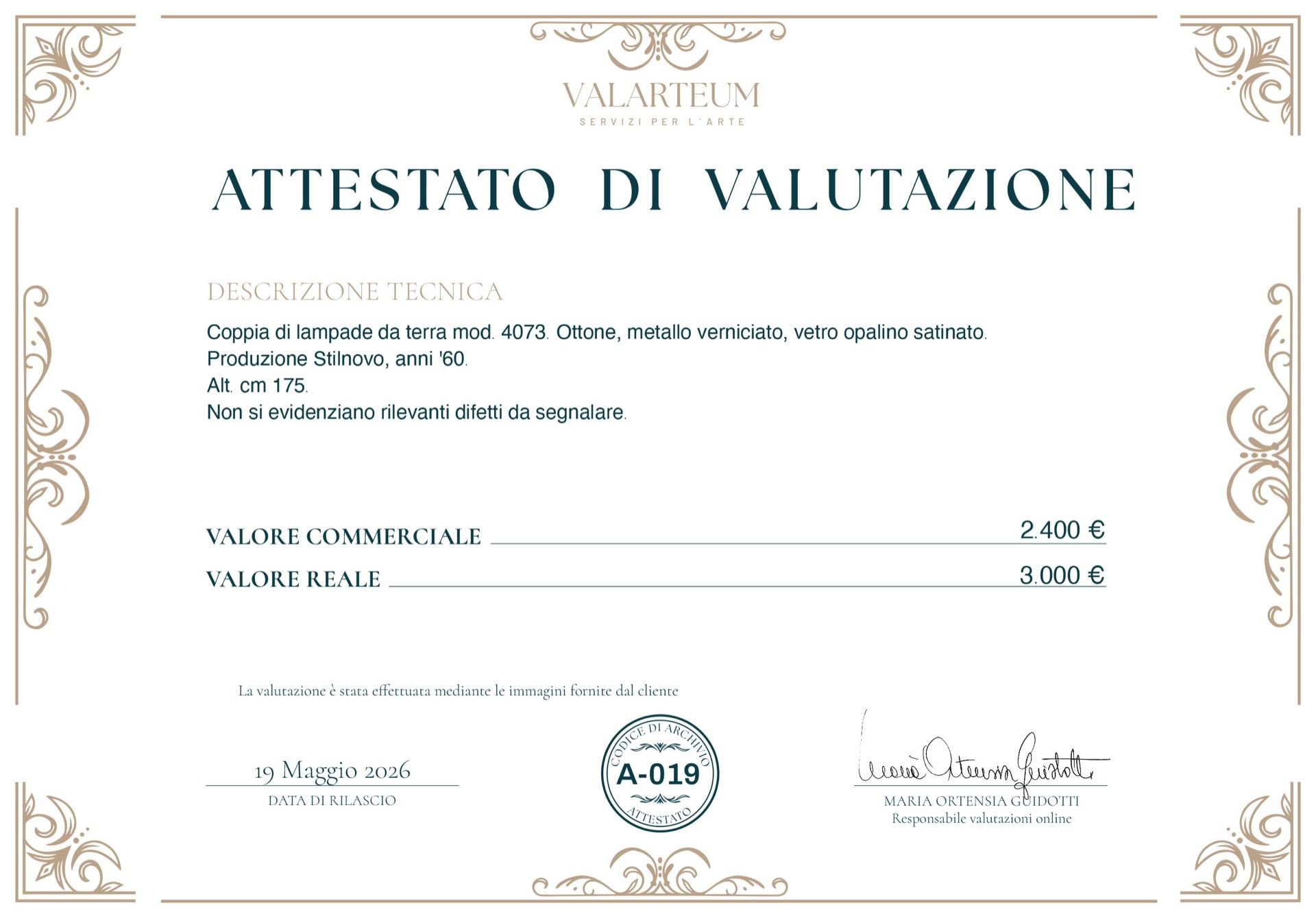 Attestato di valutazione fronte